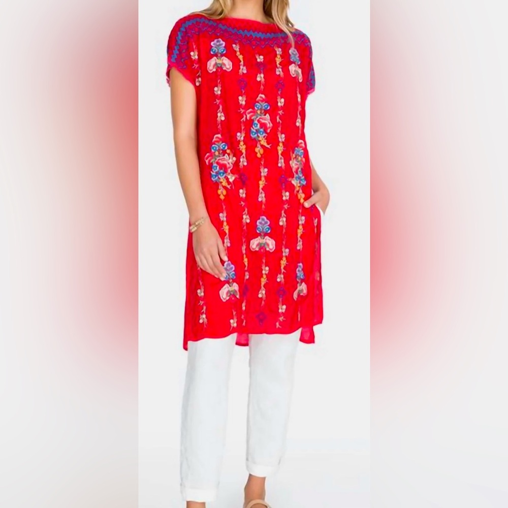Johnny Was Bennet Fiery Red Floral Embroidered Tunic, Size Small, NWT